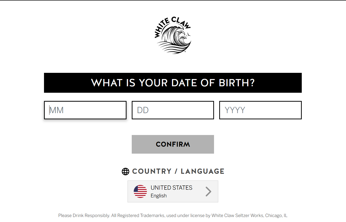 White Claw splash page with age verification form and country selection dropdown